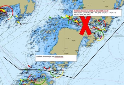 Kartutsnitt av farleden som blir stengt