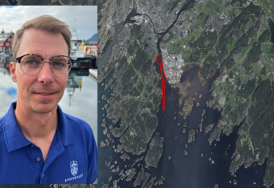 Prosjektleder Martin Fransson og et kartutsnitt av  det aktuelle området