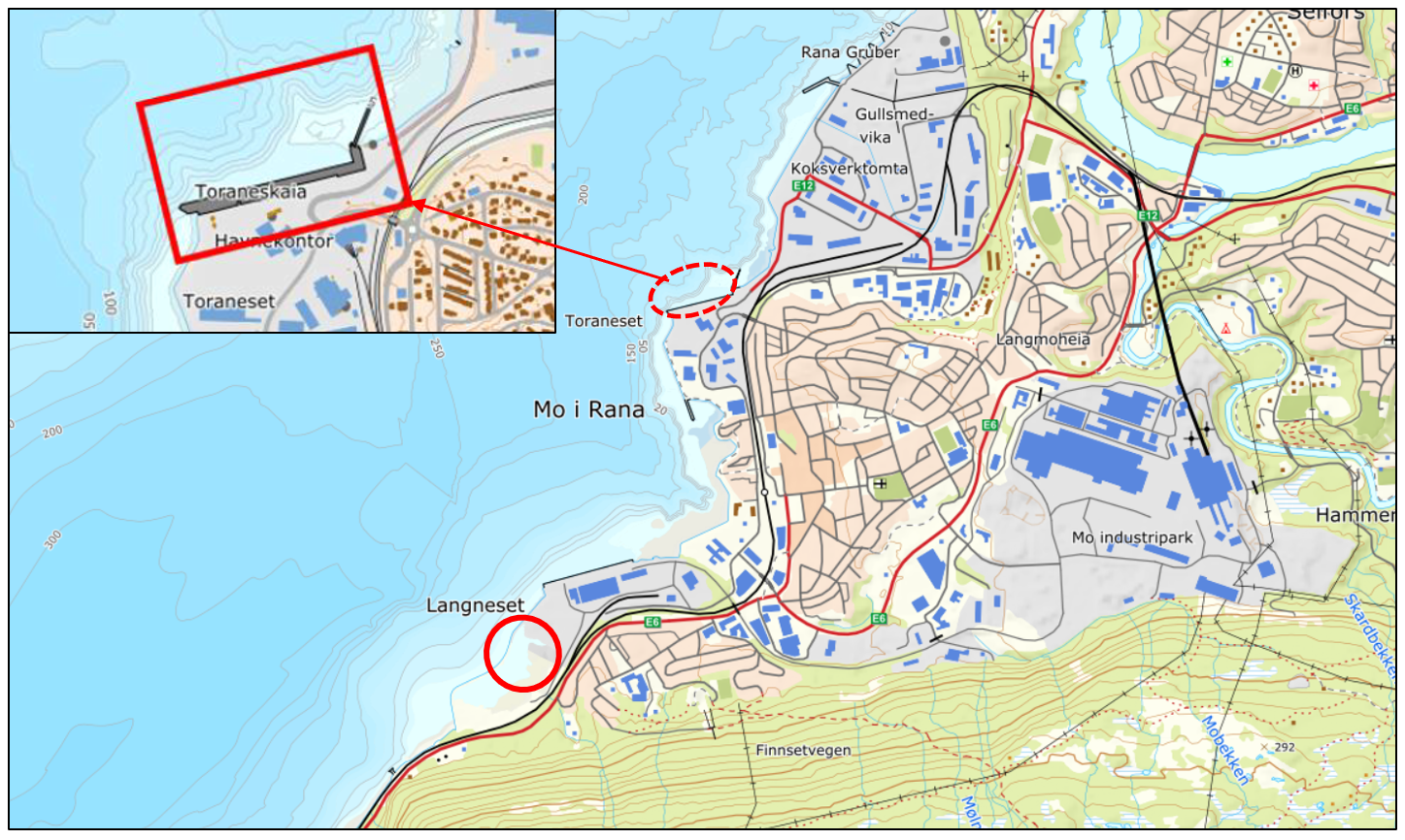 Plankart Mo i Rana havn.