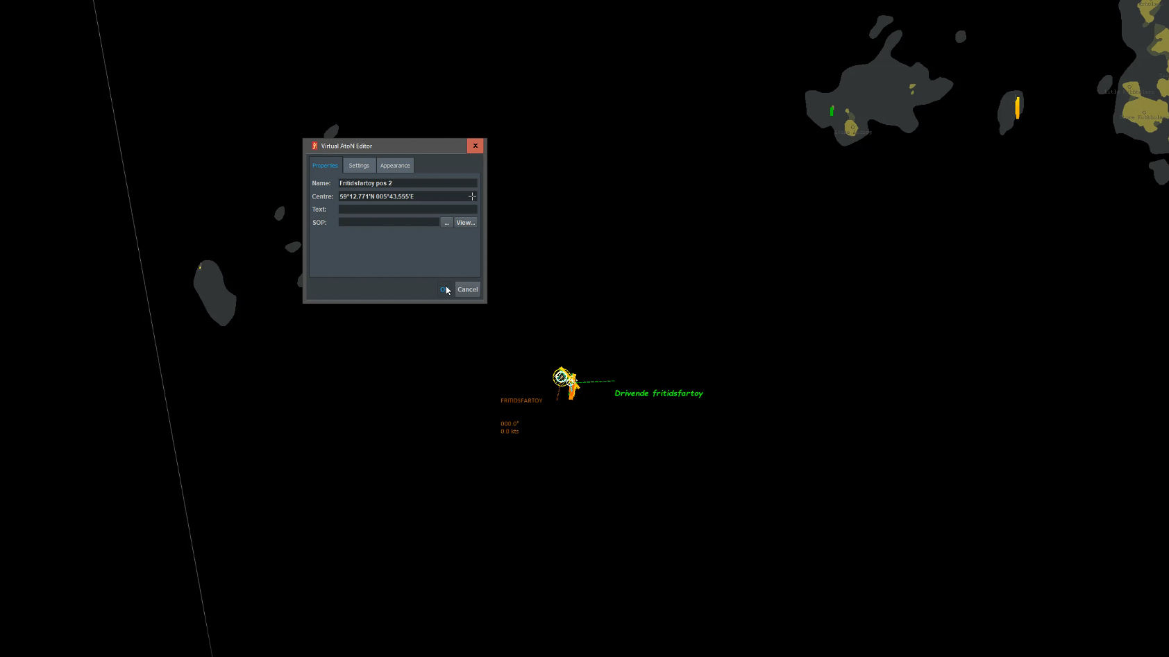 Kartutsnitt av et virtuelt AIS merke og tekstbeskrivelse