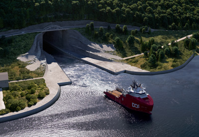 Skipstunnel ved Stad med skip utenfor åpningen.
