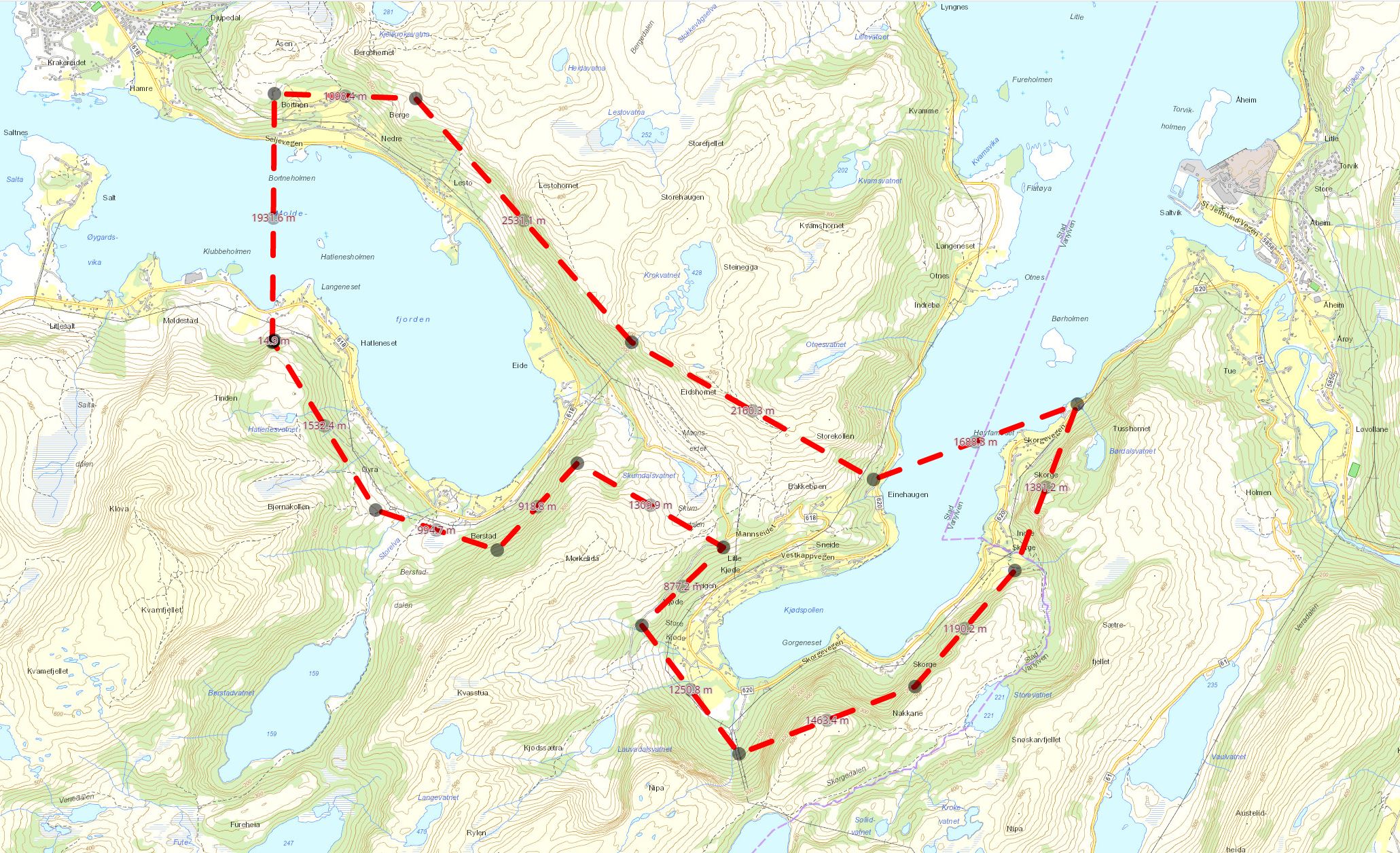 Kart over området der Stad skipstunnel kommer, og merket for områder der det vil bli tatt spesielle hensyn i forbindelse med anleggsarbeidet.